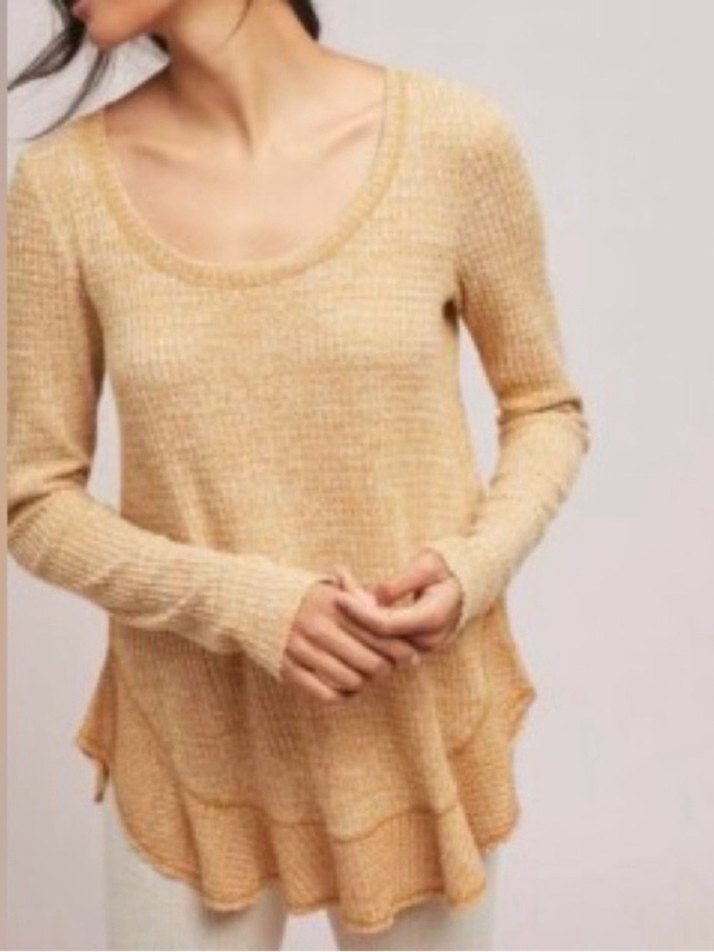 Anthropologie Saturday Sunday Mustard Ruffle Wendy Waffle Knit Boho Pullover Top